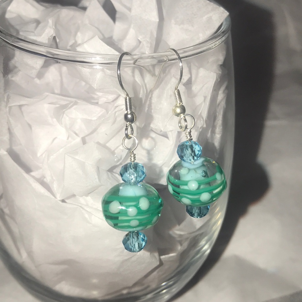 Turquoise Swirl Handmade Glass Dangle Earrings